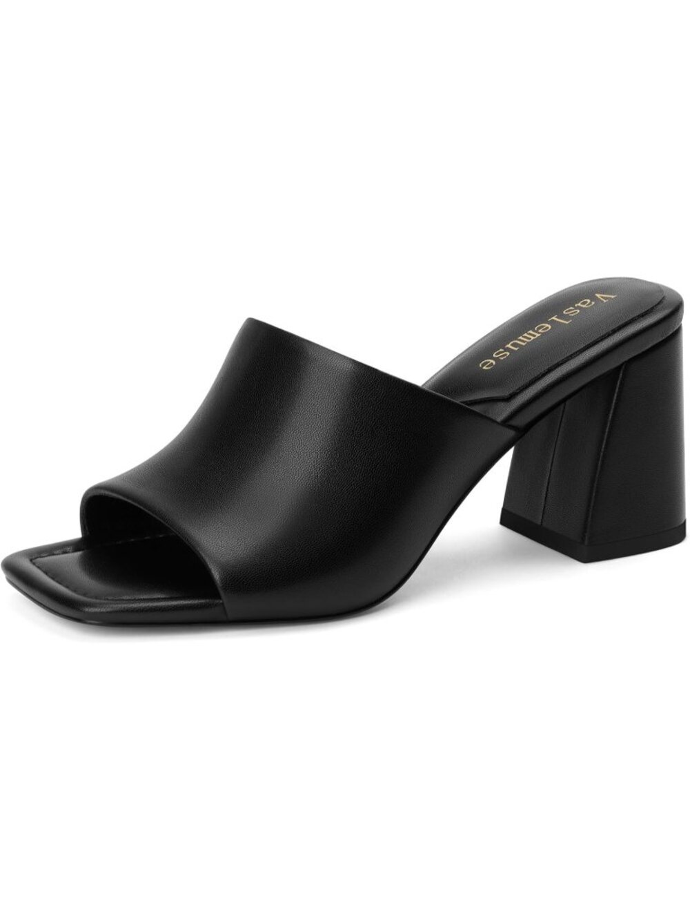 Women's Black Chunky Block Heeled Sandals Square Open Toe Comfort Slide Shoes